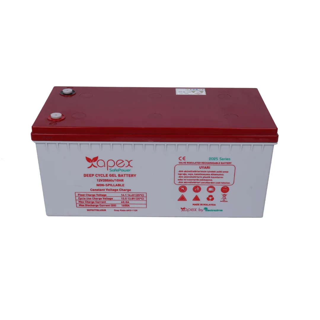 Apex 12V 200Ah Safepower Jel Akü (2.4 kWh - GE200-12 Uzun Ömürlü Deep Cycle)