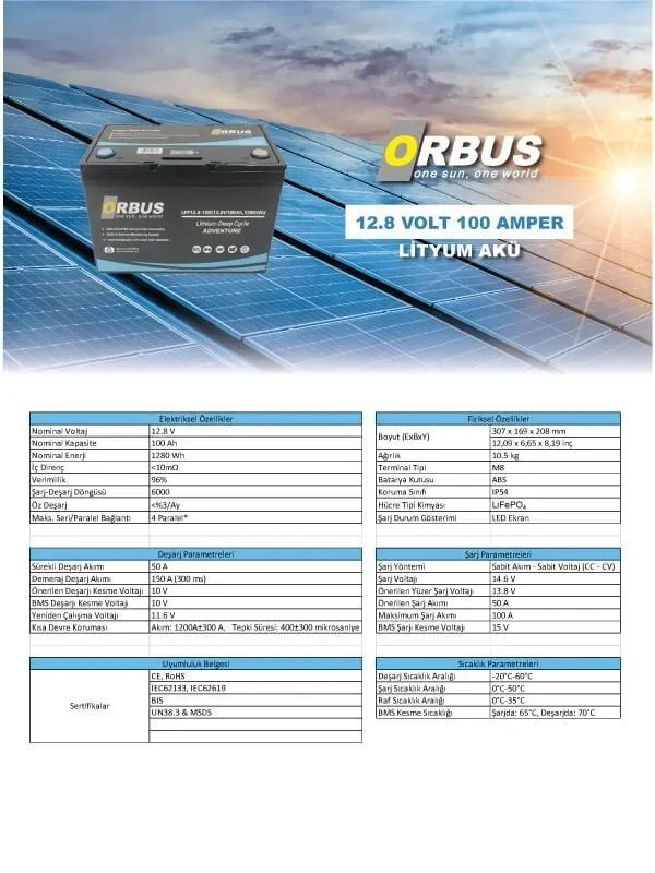 Orbus 12.8 V Volt 100ah Amper Lityum Akü