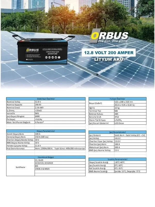 Orbus 12.8 Volt 200ah Amper Lityum Akü