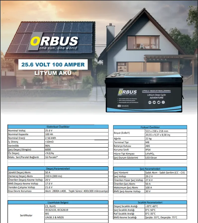 Orbus 25.6 Volt 100ah Amper Lityum Akü