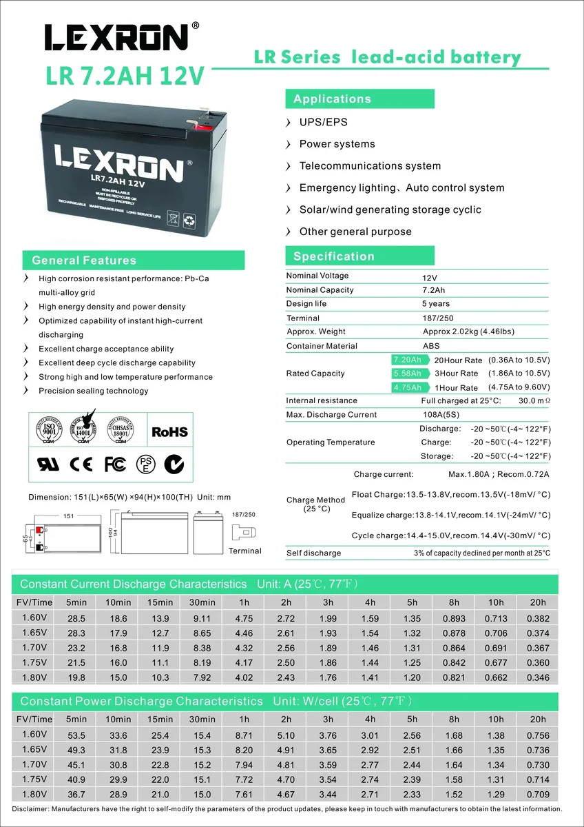 Lexron 7.2ah-12v Kuru Tip Akü