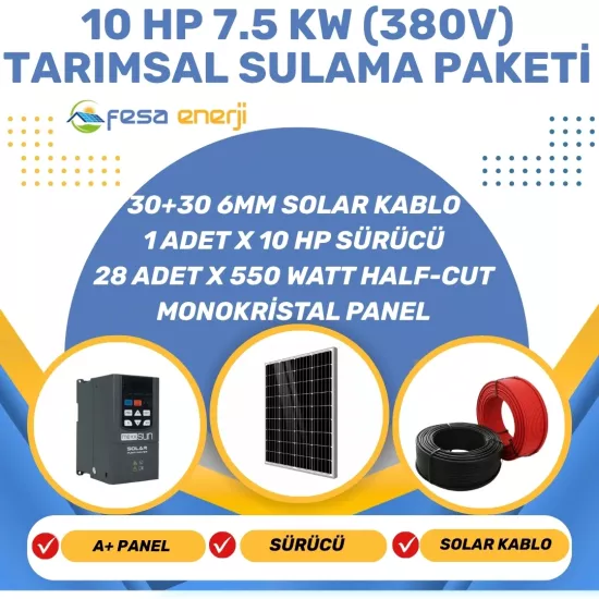 Fesa Enerji 10 Hp 7.5 kW (380V) Tarımsal Sulama Paketi - Trifaze Solar Dalgıç Pompa Sistemi - Fesa Enerji