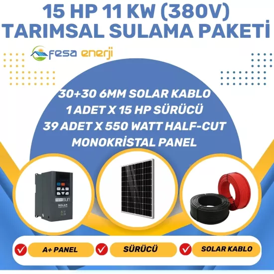 Fesa Enerji 15 Hp 11 kW (380V) Tarımsal Sulama Paketi - Trifaze Solar Dalgıç Pompa Sistemi - Fesa Enerji