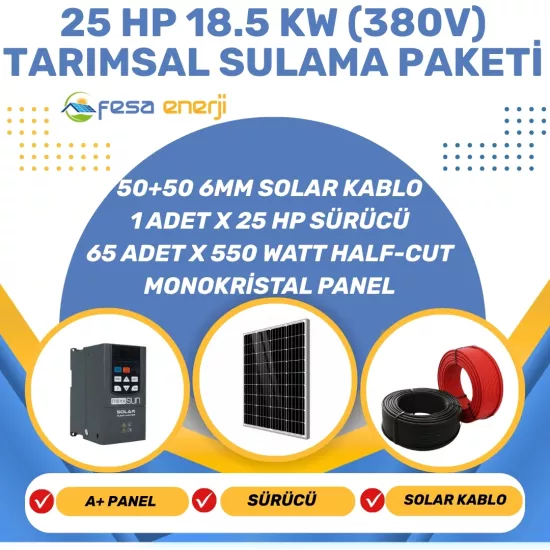 Fesa Enerji 25 Hp 18.5 kW (380V) Tarımsal Sulama Paketi - Trifaze Solar Dalgıç Pompa Sistemi - Fesa Enerji