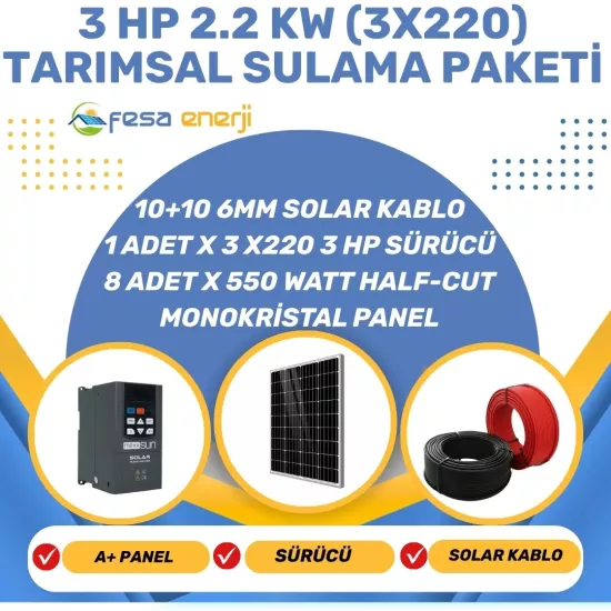 Fesa Enerji 3 Hp 2.2 kW (3x220) Tarımsal Sulama Paketi - Solar Dalgıç Pompa Sistemi - Fesa Enerji