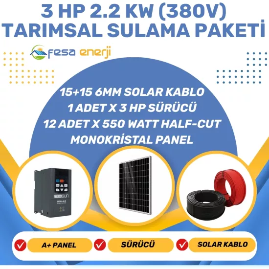 Fesa Enerji 3 Hp 2.2 kW (380V) Tarımsal Sulama Paketi - Trifaze Solar Dalgıç Pompa Sistemi - Fesa Enerji