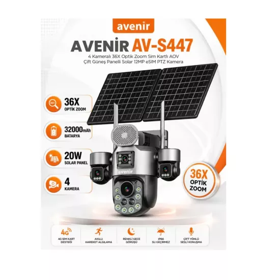 4 Kameralı 36X OPTİK ZOOM SIM Kartlı AOV Çift Güneş Panelli Solar 12MP Kamera (AV-S447) - Fesa Enerji