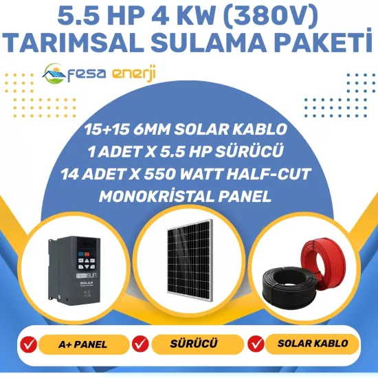 Fesa Enerji 5.5 Hp 4 kW (380V) Tarımsal Sulama Paketi; 14 adet 550W Half-Cut Monokristal panel, 5.5 Hp 380V Mexxsun sürücü ve 15+15m solar kablo ile Fesa Enerji’de!
