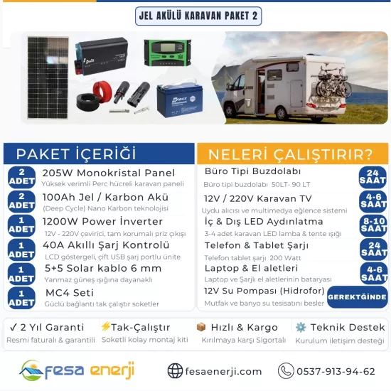 Fesa Enerji Jel Akülü Karavan Paket Sistemleri 2 (Tak-Çalıştır Solar Kit) - Fesa Enerji