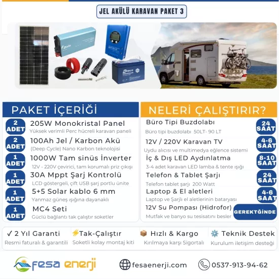 Fesa Enerji Jel Akülü Karavan Paket Sistemleri 3 (Tak-Çalıştır MPPT Solar Kit) - Fesa Enerji