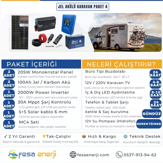 Fesa Enerji Jel Akülü Karavan Paket Sistemleri 4 (Tak-Çalıştır MPPT Solar Kit) - Fesa Enerji