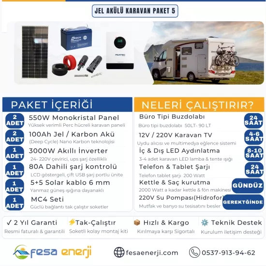 Fesa Enerji Jel Akülü Karavan Paket Sistemleri 5 (Tak-Çalıştır Solar Kit) - Fesa Enerji