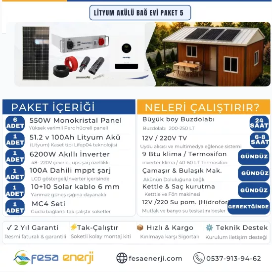 Fesa Enerji Lityum Akü Bağ Evi Paket Sistemleri 5 (Off-Grid Solar Kit) - Fesa Enerji