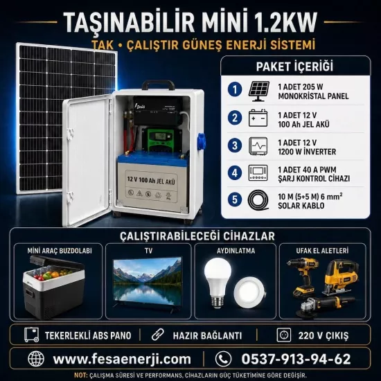 Fesa Enerji Mini 1.2 kW Jel Akülü Taşınabilir Solar Paket - Fesa Enerji