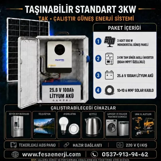 Fesa Enerji  Standart 3 KW Lityum Akü Taşınabilir Solar Paket - Fesa Enerji