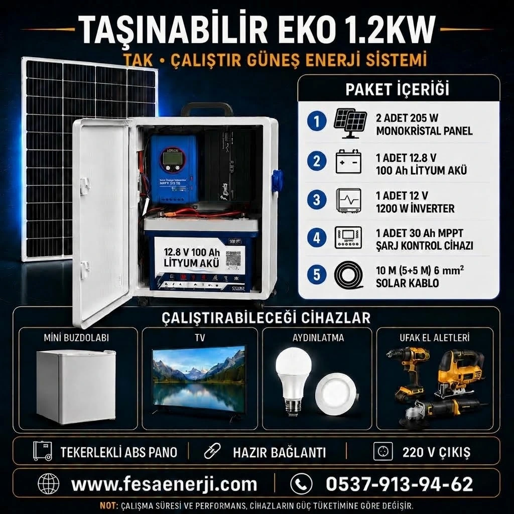 Fesa Enerji Eko 1.2 kW Lityum Akülü Tekerlekli Taşınabilir Solar Paket (FESA1KWL)