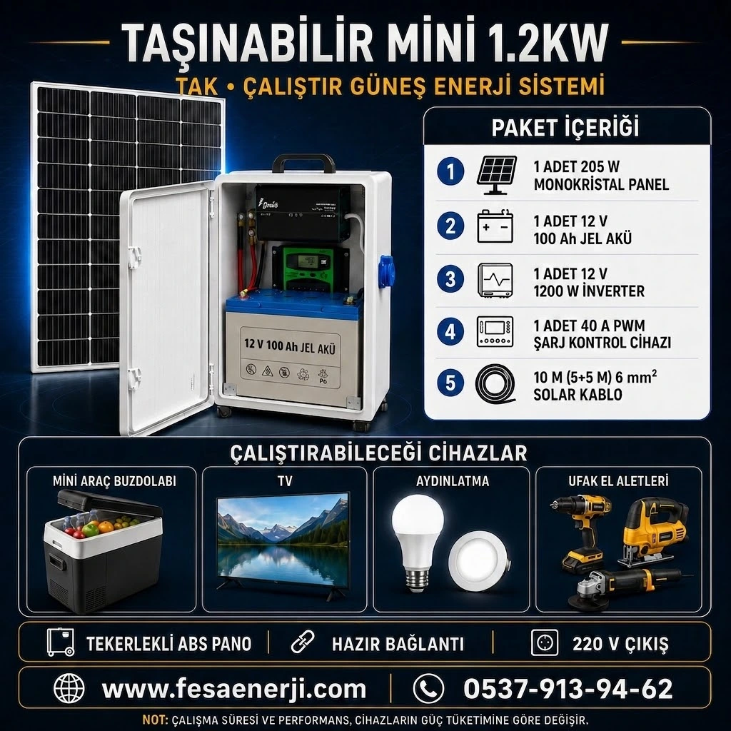 Fesa Enerji Mini 1.2 kW Jel Akülü Tekerlekli Taşınabilir Solar Paket (FESA1KWJ)