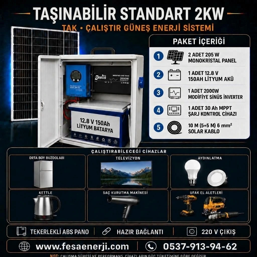 Fesa Enerji Standart 2KW Lityum Akülü Taşınabilir Solar Paket (FESA2KW)