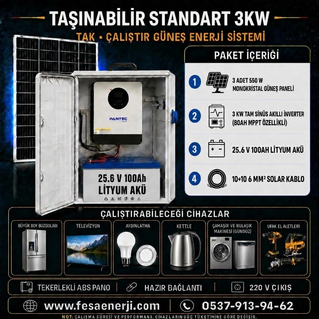 Fesa Enerji Standart 3 KW Lityum Akü Taşınabilir Solar Paket (FESA3KWL)